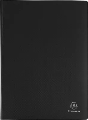 A black binder with a textured pattern and a small logo in the bottom right corner.
