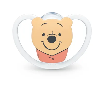 A Winnie the Pooh themed pacifier on a white background.