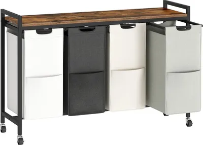 Produktbild von Wäschekorb mit 4 Fächern und oberer Ablage – Wäschewagen mit Rädern und Oxford-Stoff-Wäschebeuteln (4 x 39,8 L)
