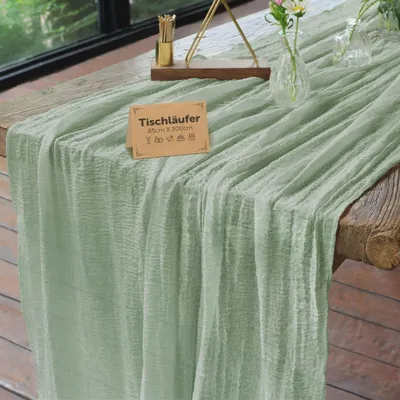 Immagine prodotto di Runner da tavolo in mussola, 85x300 cm, color verde eucalipto, stile bohémien, lavabile