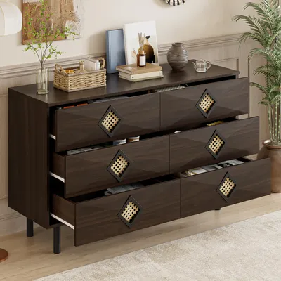 Image de OKWISH Commode 6 Tiroirs avec Poignées en Rotin - Meuble de Rangement pour Chambre ou Salon - Panneaux PB MDF - Marron