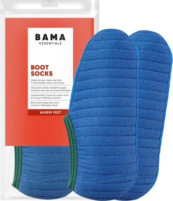 A pair of blue boot socks next to their packaging.