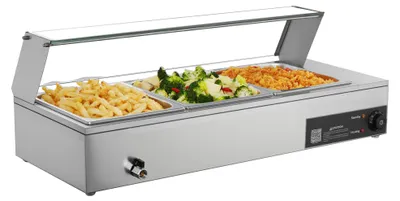 Produktbild von SucceBuy Kommerzieller Speisenwärmer mit Glasabdeckung & 3 Behältern (1/2-Größe), 1,5 kW Buffetwärmer aus Edelstahl, Wasserbad-Speisenwärmer für Restaurants, Partys und Buffets