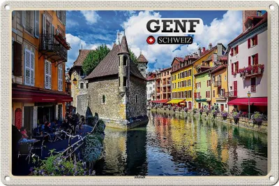 Produktbild von Blechschild Reise Genf Schweiz Altstadt Fluss 30x20cm