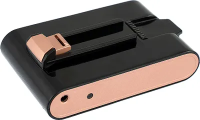 A black and copper battery pack for a vacuum cleaner, shown from a diagonal angle against a white background.