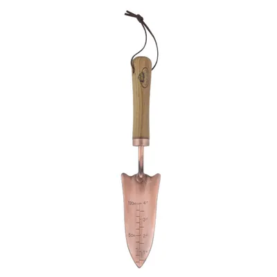 A single garden trowel with a wooden handle and copper-colored metal head, shown against a white background.