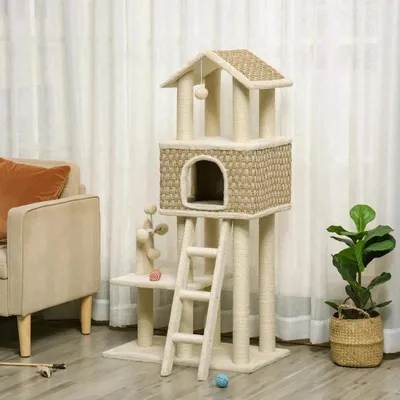 Zdjęcie produktu dla Drapak dla kota z domkiem | Kolor: khaki, beżowy, brązowy | Wymiary: 40x69x131 cm