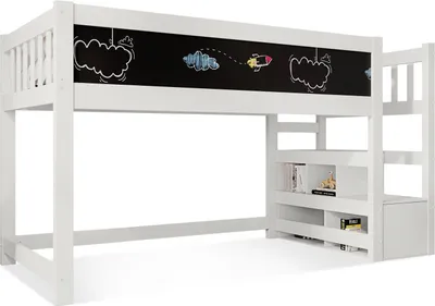 Produktbild von Kinderbett(Weiß)Hochbett mit Whiteboard,Tafel,Speicherung und Rausfallschutz,Hausbett für Kinder–Lattenrost