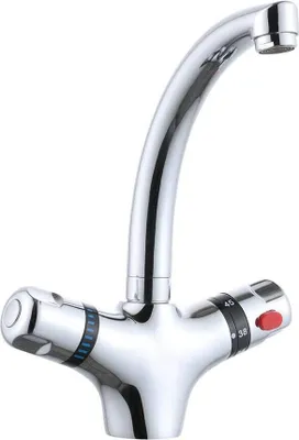 A close-up studio shot of a chrome kitchen faucet with temperature controls.