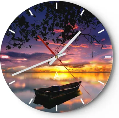 Produktbild von Wanduhr - Rund - Glasuhr - Boot Sonnenuntergang See Himmel - 30x30cm - Schleichendes Uhrwerk - Lautlos - zum Aufhängen bereit - Dekoration Modern - Wanddekoration aus Glas - C3AR30x30-2967