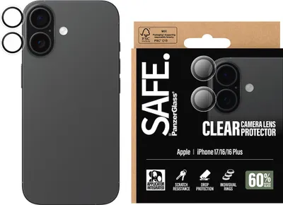Obrázok produktu pre PanzerGlass SAFE. by ® Camera Lens Protector Transparent iPhone 17 | iPhone 16 | 16 Plus, Apple, Apple - iPhone 17, Apple - iPhone 16, Apple - iPhone 16 Plus, Suché aplikovanie, Odolné proti poškriabaniu, Odolný proti nárazom, Priehľadná, 1 kusov