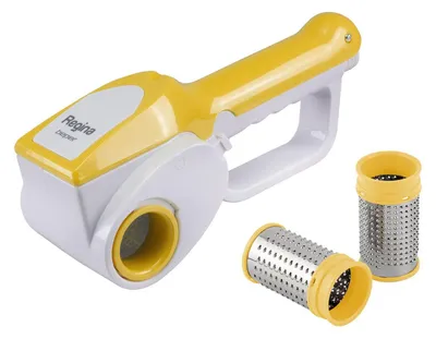 A white and yellow rotary grater with two interchangeable grating drums, shown on a white background.