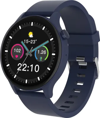 A close-up studio shot of a blue smartwatch with a black digital display.