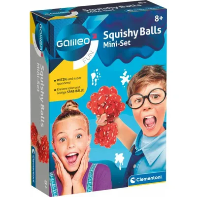 The image shows the packaging of a toy product called 'Galileo Squishy Balls Mini-Set'. Two children are depicted on the packaging, appearing excited and holding the squishy balls.