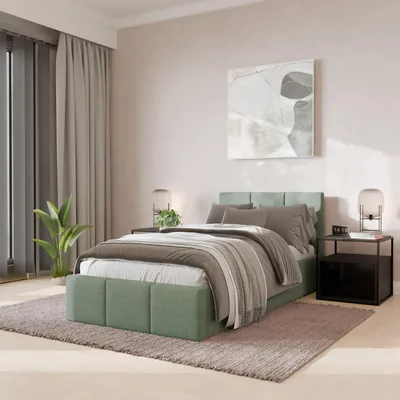 A bedroom scene with a bed, nightstands, and curtains.