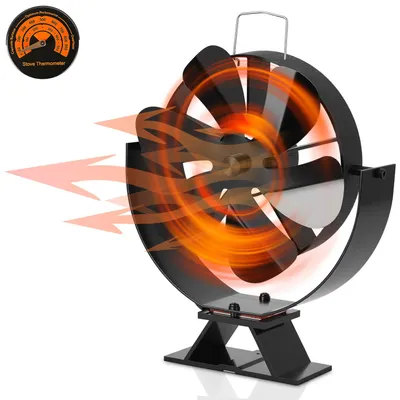 Obrázok produktu pre Vigevee ventilátor do krbu, 6 lopatiek, ventilátor do krbovej pece s nastaviteľným uhlom, bez potreby elektrickej energie, s teplomerom do pece, vhodný pre drevené a krbové pece