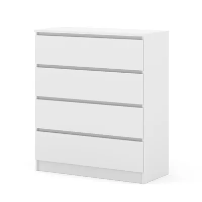 A white, four-drawer dresser against a white background.