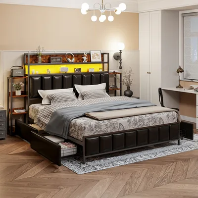 Čalouněná postel Flieks kovová postel pro mládež 160x200 cm se 4 zásuvkami, manželská postel s úložným prostorem a LED diodami, klasická postel s policí a lamelovým roštem, PU