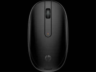 A top-down view of a black HP wireless mouse on a black background.