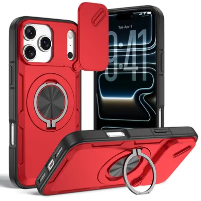 Produktbild von Magnetische Hülle für iPhone 17 Pro, Militär Stoßfest Handyhülle mit Kameraschutz und Ringhalter Ständer Rot