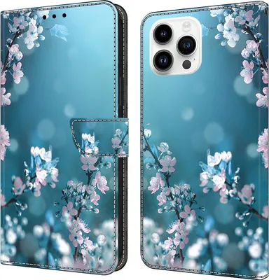 Produktbild von CLM-Tech Handyhülle kompatibel mit iPhone 16 Pro Hülle - Tasche aus Kunstleder - Klapphülle mit Ständer und Kartenfächern - Schutzhülle Wallet Case Cover Pflaumenblüte blau