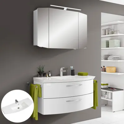 Produktbild von Badezimmer Waschplatz Set CERVIA-66 in Hochglanz weiß, inkl. LED-Spiegelschrank, B/H/T: 101/200/50,5 cm