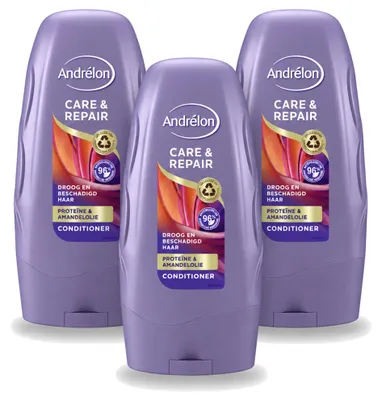 Imagen del producto de 3 acondicionadores Andrélon para cabello dañado, línea "Care & Repair", de 250 ml cada uno. Paquete económico con 3 unidades