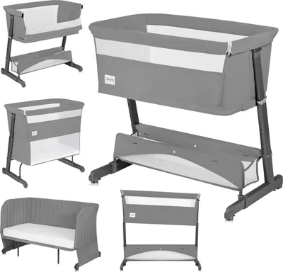 A collage of different configurations and views of a baby crib/bed.
