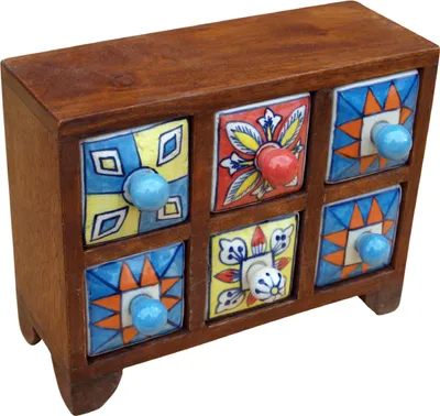 Produktbild von Apothekerschränkchen mit Bunten Keramik Schubfächern, Gewürzkiste - 3*2 Fächer Modell 2, Braun, Holz, 16*22*8 cm, Dosen, Boxen & Schatullen