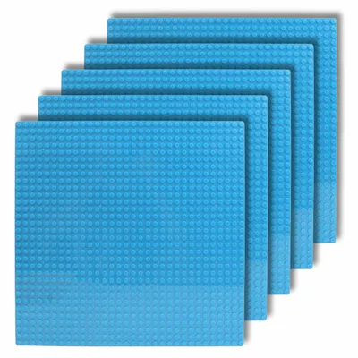 A stack of five blue baseplates for building blocks, arranged in a stepped pattern.