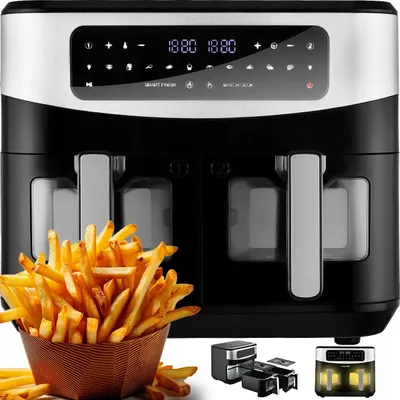 Produktbild von Fettfreie 10 Liter XXL Heißluftfritteuse  Doppel 2600 Watt Glas AIR FRYER zwei Schubladen automatische Programme