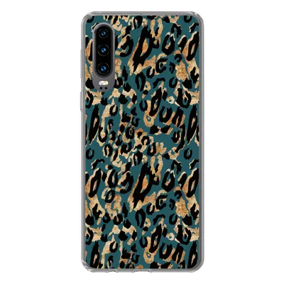 Produktbild von MuchoWow® Handyhülle Schutzhülle Hülle für Huawei P30 Pantherdruck - Schwarz - Braun - Türkis Silikon Softcase Handy Hülle - Kartenbesitzer