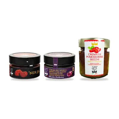 Produktbild von TubeORIGINAL Geschenkset „Bruschetta del Sud“ – 'Nduja 95 g, Rote-Zwiebel-Creme 100 g, Tomatencreme 200 g