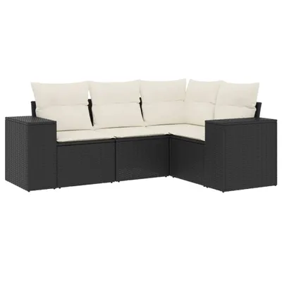 Produktbild von Modulares Garten-Sofa-Set, 4-teilig, mit Stauraum, wasserabweisendem Beutel, Poly Rattan Schwarz, Kissen Cremeweiß, UV-beständig