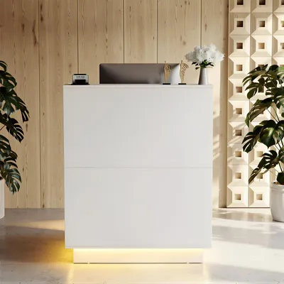 Produktbild von Empfangstheke mit LED-Beleuchtung, 2 abschließbaren Schubladen und Stauraum – Rezeptionstisch für Salon, Büro und Boutique, Weiß, 103 × 80 × 45 cm