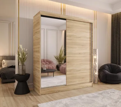 Produktbild von Schwebetürenschrank 2-türig 150x205x58 cm Eiche Sonoma mit Spiegel und 4 Schubladen – Moderner Kleiderschrank für Schlafzimmer und Flur