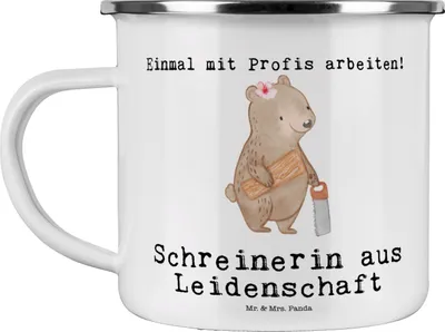 Produktbild von Mr. & Mrs. Panda Teetasse Schreinerin Leidenschaft - Weiß - Geschenk, Haferl, Emaille Tasse, Teebecher, Pott, Kaffeepott