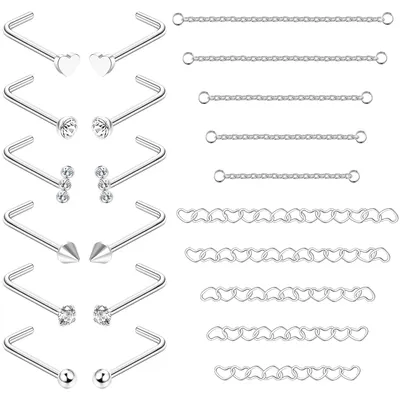 Produktbild von Neuspiercings Set - 12 L-förmige Neussteker & 10 Halsketten - 20G