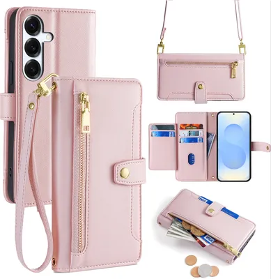 Produktbild von Handykette Samsung Hülle mit Band Handyhülle Kartenfächer Kunstleder Umhängetasche Galaxy S25 in Rosa
