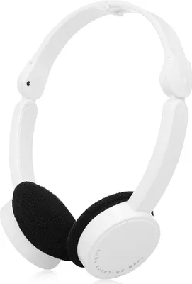 A pair of white over-ear headphones with black ear pads, shown from a slightly angled front view against a white background.