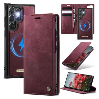 A collage of images showcasing a burgundy leather phone case for a Samsung Galaxy A52 series phone, highlighting its features like card slots and magnetic closure.
