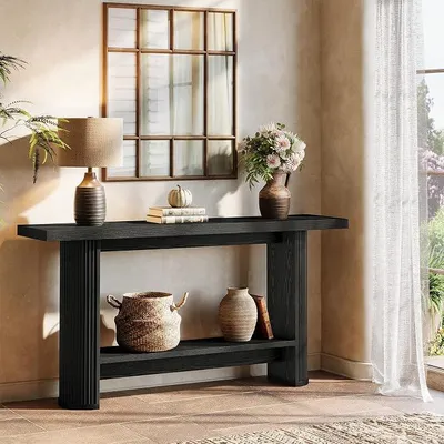 Imagen del producto de Mesa auxiliar moderna, estrecha, ideal para pasillos o como mesa auxiliar junto al sofá, con 2 estantes, dimensiones 140 x 30 x 80 cm. Mesa auxiliar de madera, perfecta para colocar detrás del sofá en salones, pasillos o recibidores, color negro