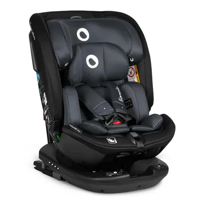 A black and gray child car seat is shown against a white background.