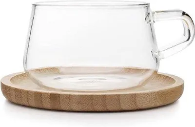 Produktbild von Famanu Kaffeetasse mit Bambusuntersetzer - 0,3 L, transparent