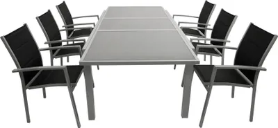 Produktbild von DEGAMO Gartengarnitur Essgruppe PISA 7-teilig, Aluminium silber + Kunstgewebe schwarz, 6x Stapelsessel, 1x Ausziehtisch 180/240x100cm