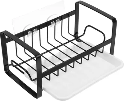 Produktbild von Schwarzer Küchenorganizer aus Edelstahl zur Wandmontage am Spülbecken mit Schwammhalter und Tropfwasserschutz für die Küchentheke