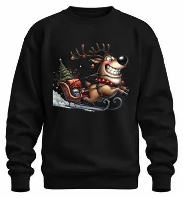 Produktbild von Lustiges Rentier Schlitten Weihnachten Rudolph Tannenbaum Sweatshirt Pullover, Schwarz, S