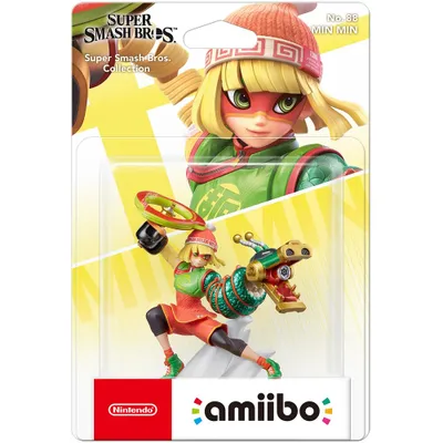 A product image of an Amiibo figure of Min Min from Super Smash Bros. in its original packaging.