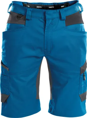 A pair of blue work shorts with gray accents, shown from the front against a white background.