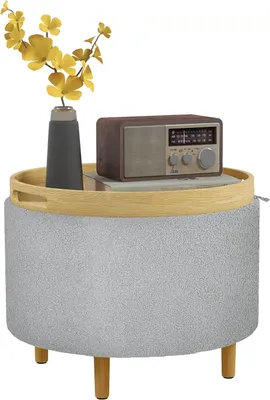 Produktbild von Runder Sitzhocker mit Stauraum und Klappdeckel, 56 x 56 x 42 cm, grau | Fußhocker, Sitzwürfel, Pouf und Polsterhocker mit Holzbeinen in Samtoptik